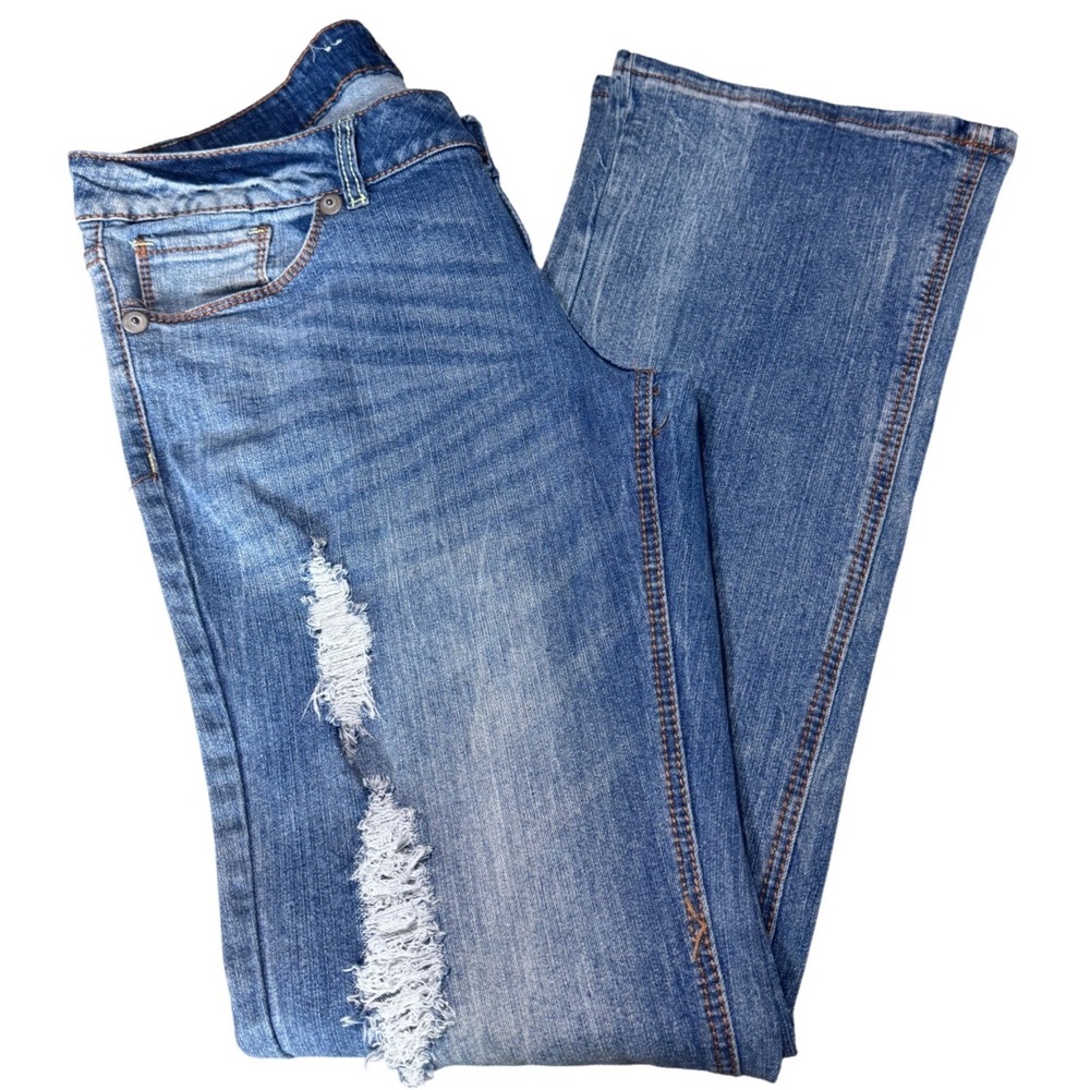 Royal Blue Bootcut Jeans Distressed Denim Blue 13x35 Western Boho Y2K